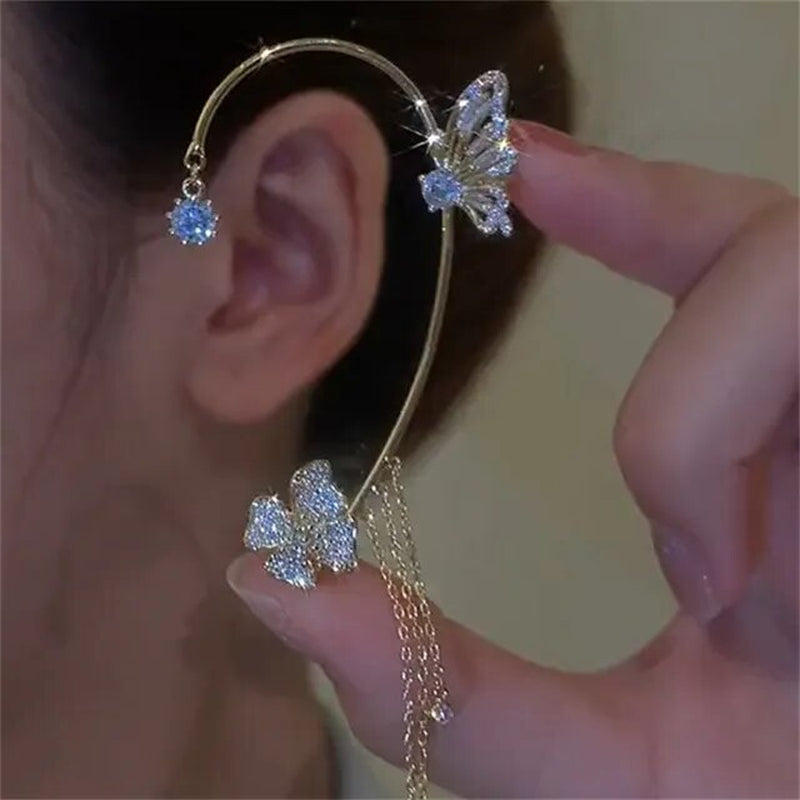 Silver Plated Metal Butterfly Ear Clips without Piercing for Women Sparkling Zircon Ear Cuff Clip Earrings Wedding Jewelry