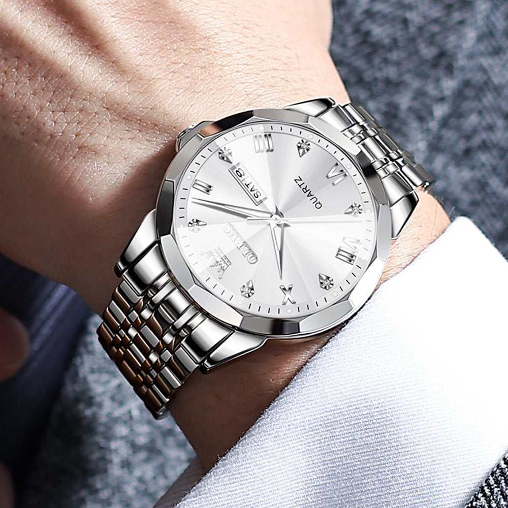 Luxury Watches for Men Diamond Casual Dress Business Mens Watches Easy Reader Two Tone Stainless Steel Date Fashion Quartz Watch Waterproof Luminous Reloj Para Hombre