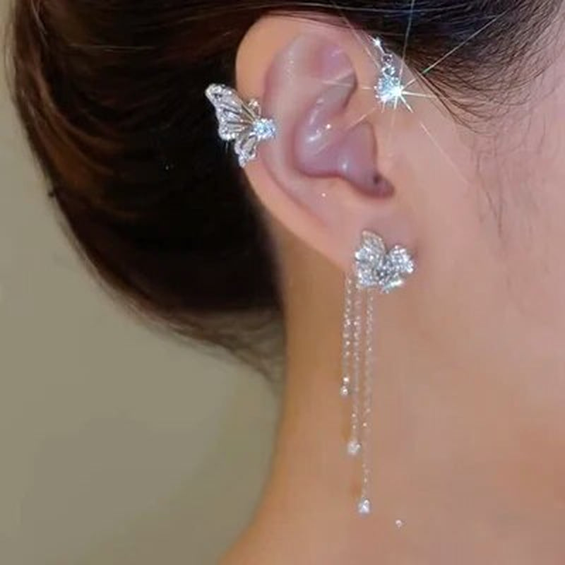 Silver Plated Metal Butterfly Ear Clips without Piercing for Women Sparkling Zircon Ear Cuff Clip Earrings Wedding Jewelry