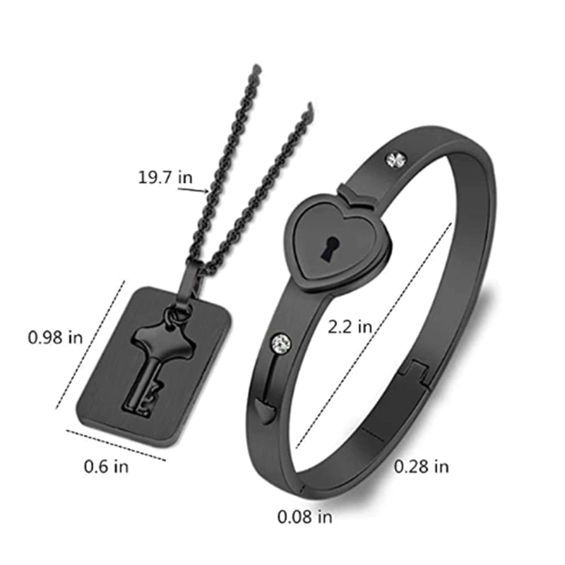 Black Heart Bracelet Choker Set Jewelry Stainless Steel Key Pendant Necklace Women Men Lover Couples Valentines Day Gift