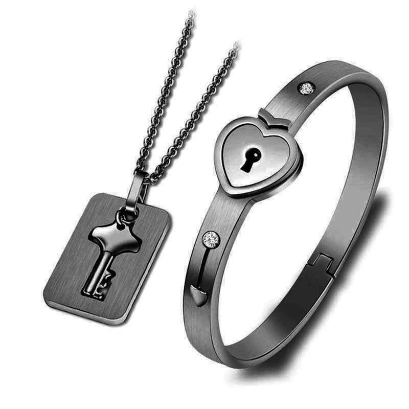 Black Heart Bracelet Choker Set Jewelry Stainless Steel Key Pendant Necklace Women Men Lover Couples Valentines Day Gift