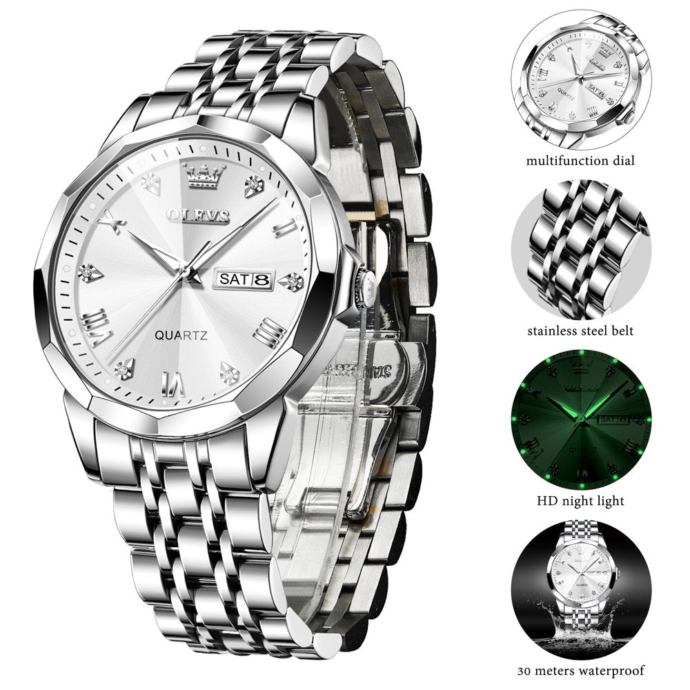 Luxury Watches for Men Diamond Casual Dress Business Mens Watches Easy Reader Two Tone Stainless Steel Date Fashion Quartz Watch Waterproof Luminous Reloj Para Hombre